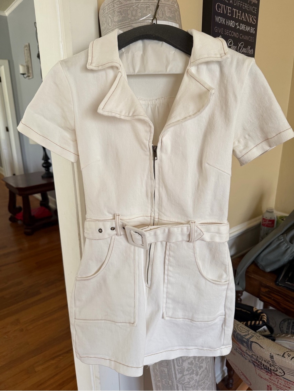Cream Short-Sleeve Belted Romper